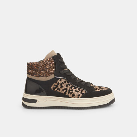 Sneakers altas de mujer con estampado animal y brillo , Marrón Sneakers altas de mujer con estampado animal y brillo , Marrón